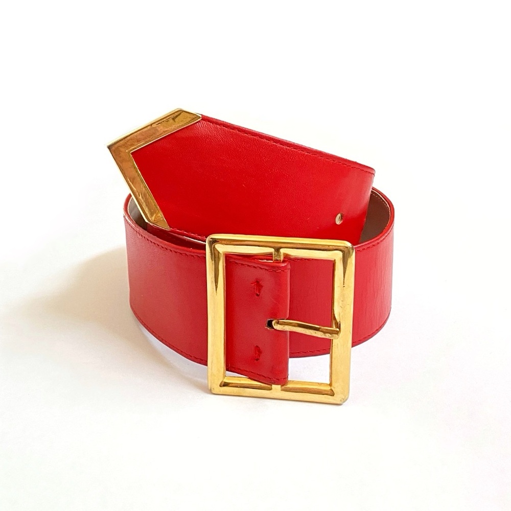 VINTAGE YVES SAINT LAURENT RED LEATHER GOLD BUCKLE BELT - Picture 2 of 9